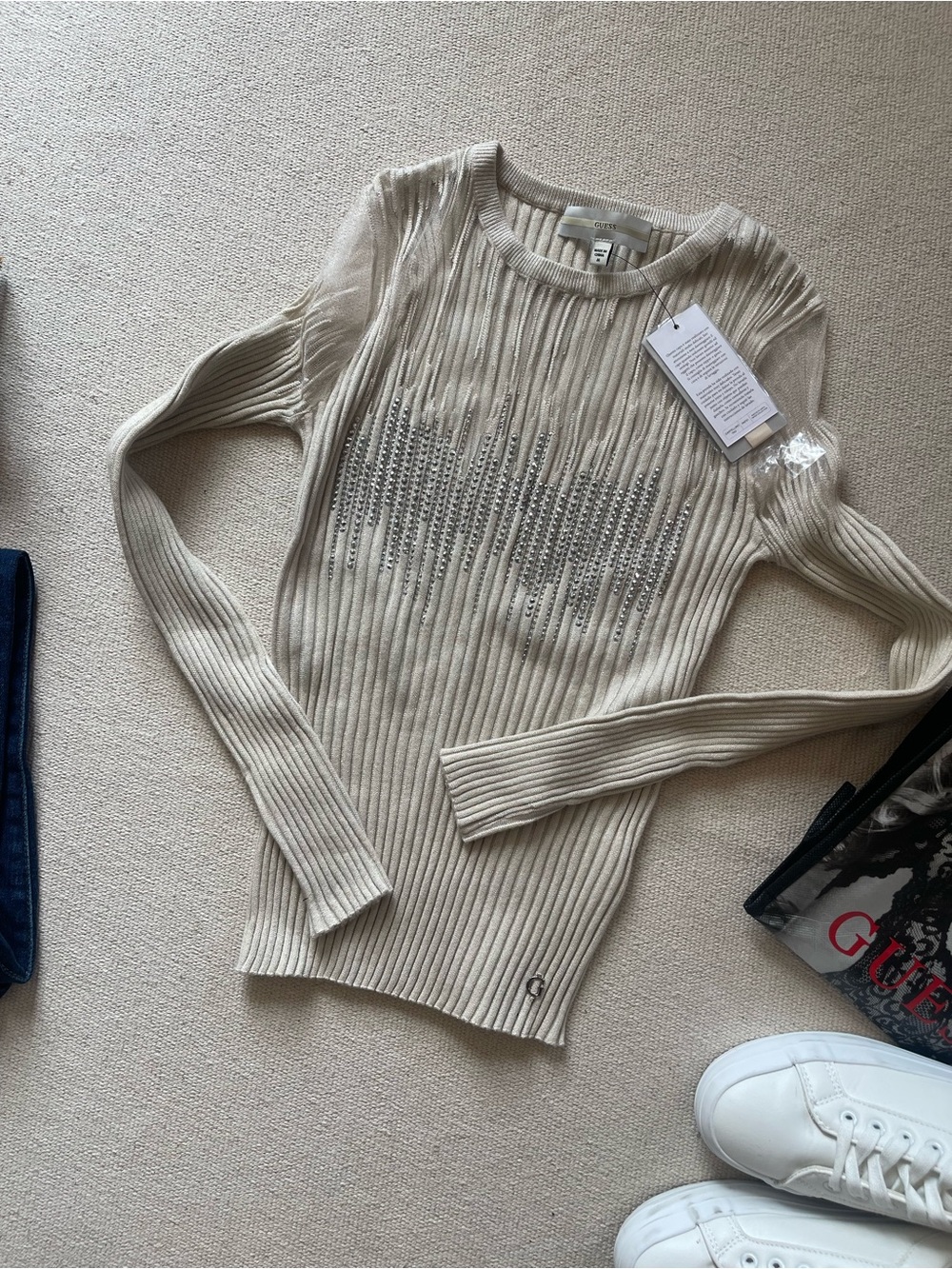 GUESS Claudine Metallic Rib Rhinestone Sweater M NWT